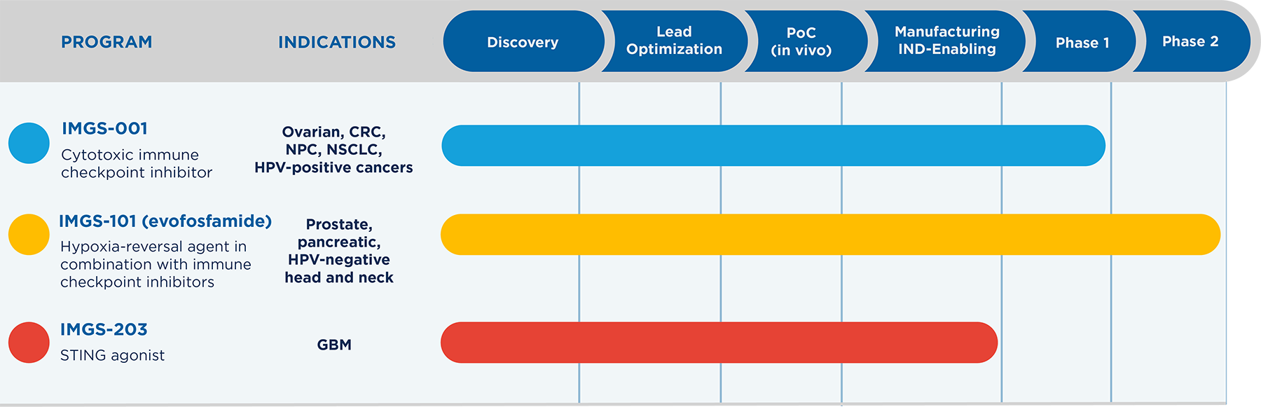 Pipeline programs, their indications, and their current stage of development.
